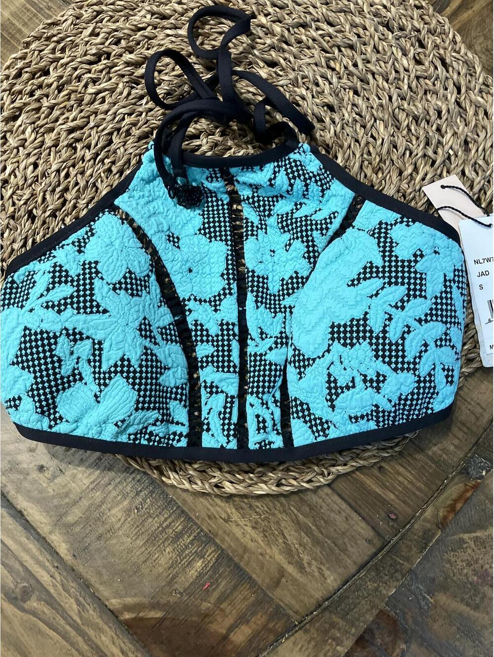 NWT Nanette Lepore Blue Floral High Neck Crop Top Size S